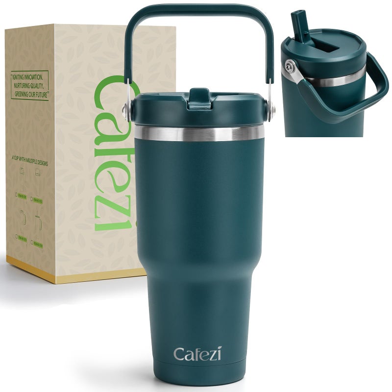 Cafezi 30 oz Tumbler with Lid and Straw, Stainless Steel Vacuum Insulated Tumblers with Flip Straw and Top Handle, Reusable Insulated Water Bottle for Home, Office, Leakproof, Fit in Cup Holder - Image 1
