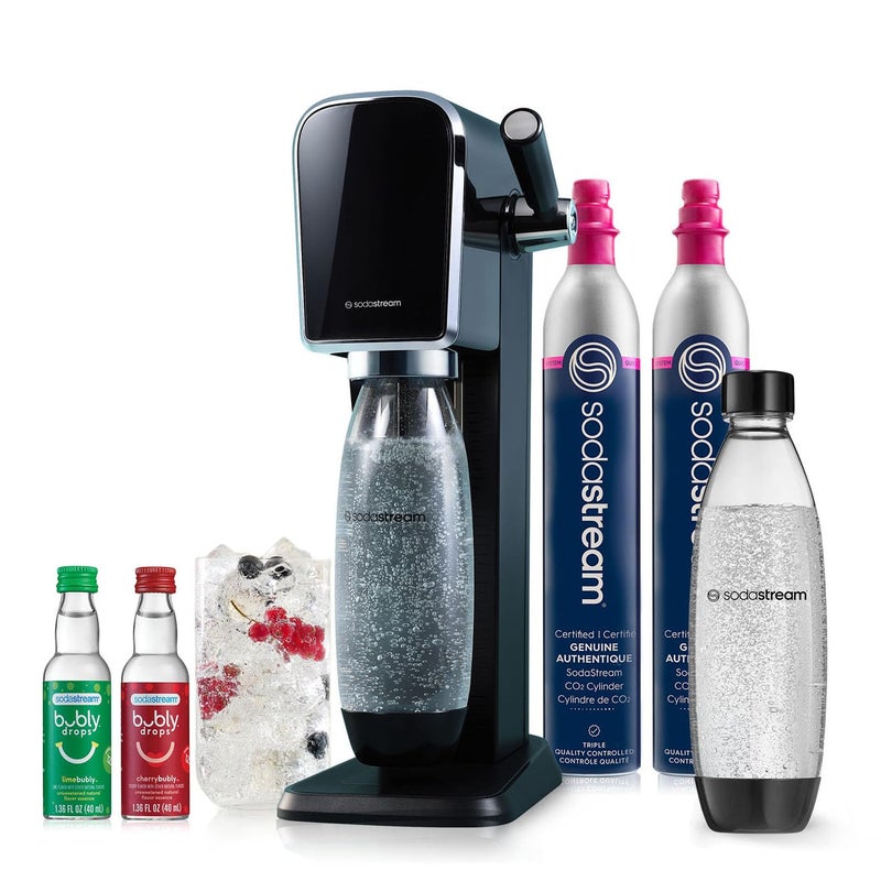 SodaStream SodaStream  ART Sparkling Water Maker  VALUE BUNDLE  CQC CO2 system  Includes 2x CO2 Cylinders 2x 32 Fl Oz Dishwasher Safe Bottles 2x Bubly Flavor Drops  Combine with Pepsi Flavors  Black 