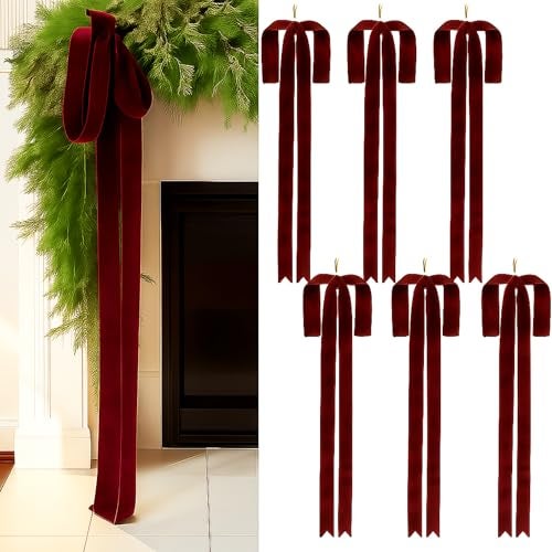 Janinka 6 Pcs Burgundy Large Velvet Christmas Swag Bow 315 x 236 inch Vintage Christmas Ornament Wine Red Rustic Velvet Staircase Wreath Bows Xmas Tree Topper Bows Large Bow for Outdoor - Image 1