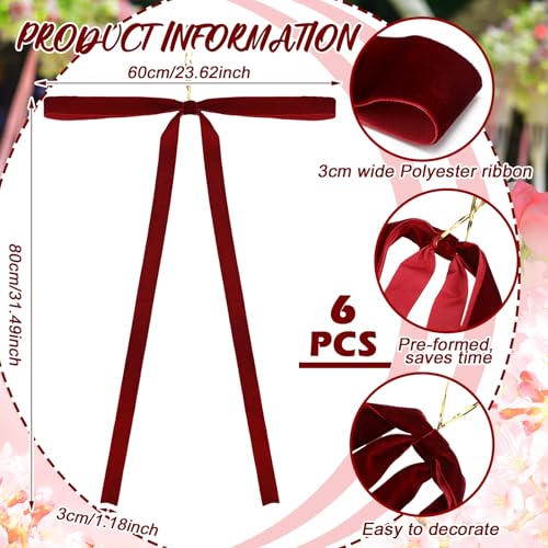 Janinka 6 Pcs Burgundy Large Velvet Christmas Swag Bow 315 x 236 inch Vintage Christmas Ornament Wine Red Rustic Velvet Staircase Wreath Bows Xmas Tree Topper Bows Large Bow for Outdoor - Image 3