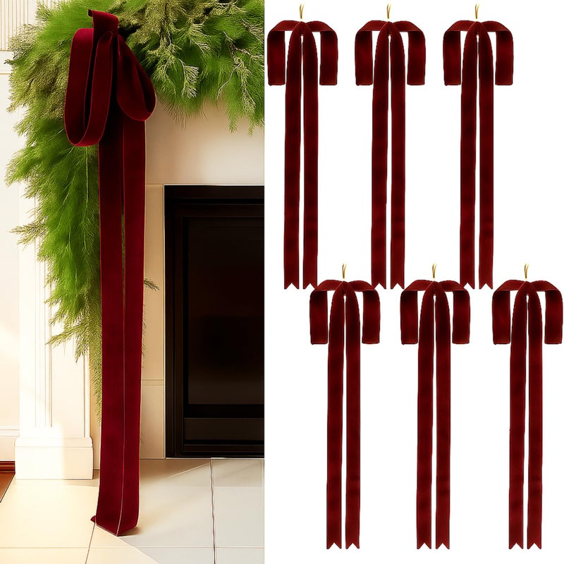 Janinka 6 Pcs Burgundy Large Velvet Christmas Swag Bow 315 x 236 inch Vintage Christmas Ornament Wine Red Rustic Velvet Staircase Wreath Bows Xmas Tree Topper Bows Large Bow for Outdoor - Image 2