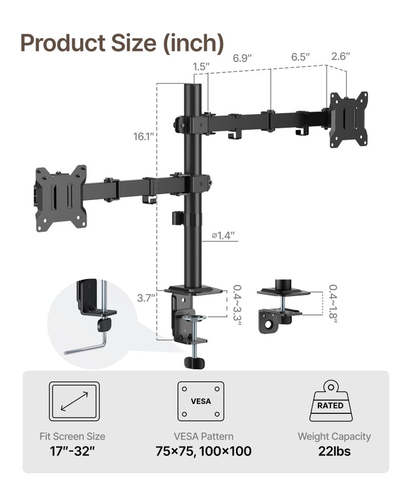 monTEK Dual Monitor Stand for 17"â€“32â€ Computer, Adjustable Height Stable Monitor Mount Fit up to 32 inch Screen, Hold up to 22lbs Weight, C-Clamp and Grommet, VESA 75x75mm/100x100mm - Image 2
