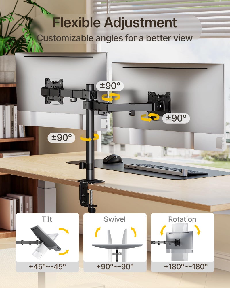 monTEK Dual Monitor Stand for 17"â€“32â€ Computer, Adjustable Height Stable Monitor Mount Fit up to 32 inch Screen, Hold up to 22lbs Weight, C-Clamp and Grommet, VESA 75x75mm/100x100mm - Image 5