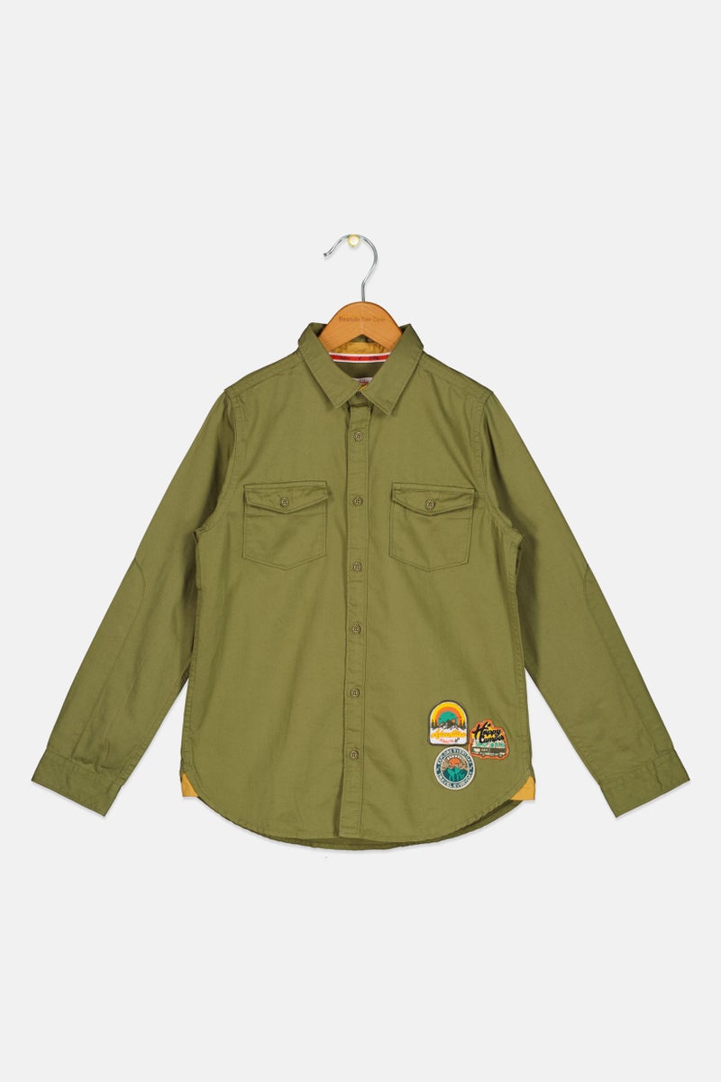 Hamleys Kids Boy Spread Collar Solid Long Sleeves  Casual Shirt, Olive - Image 1