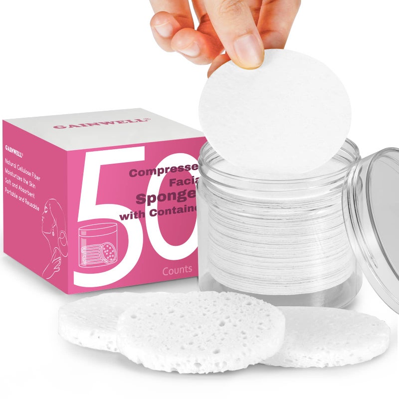 GAINWELL 50-Count Compressed Facial Sponges with Storage Container, for Facial Cleansing, Reusable Makeup Remover, Portable, Suitable for Travel, White - Image 1