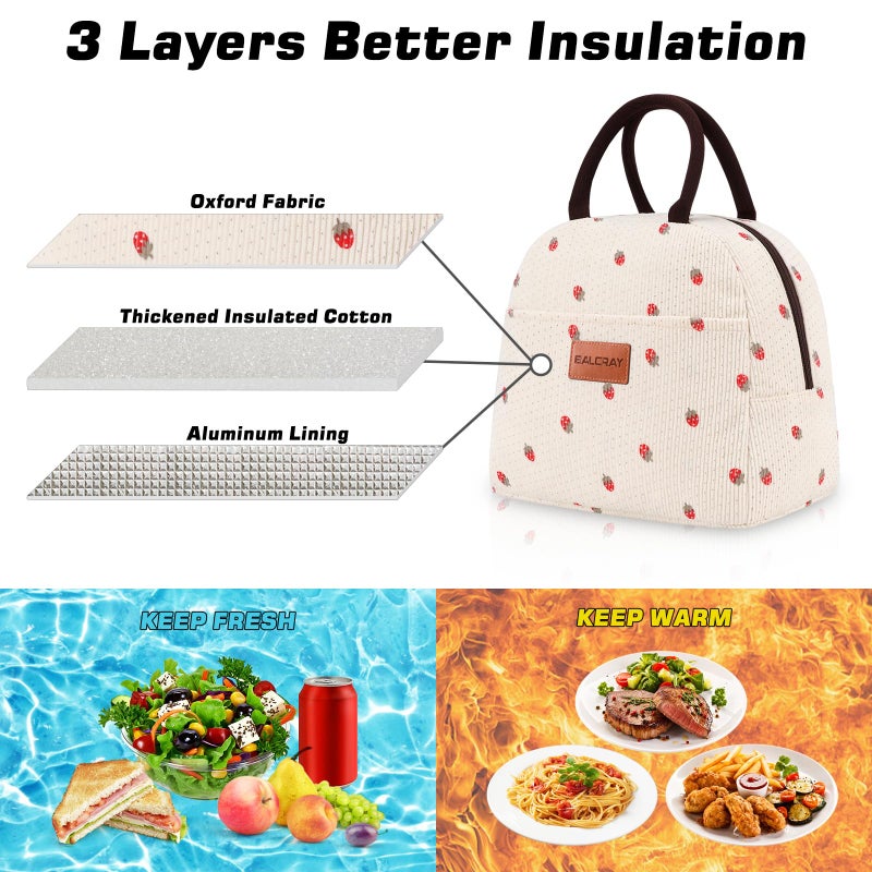 BALORAY Lunch Bag for Women Men Insulated Lunch Box for Adult Reusable Lunch Tote Bag for Work, Picnic or Travel (Corduroy Beige with Strawberry) - Image 3