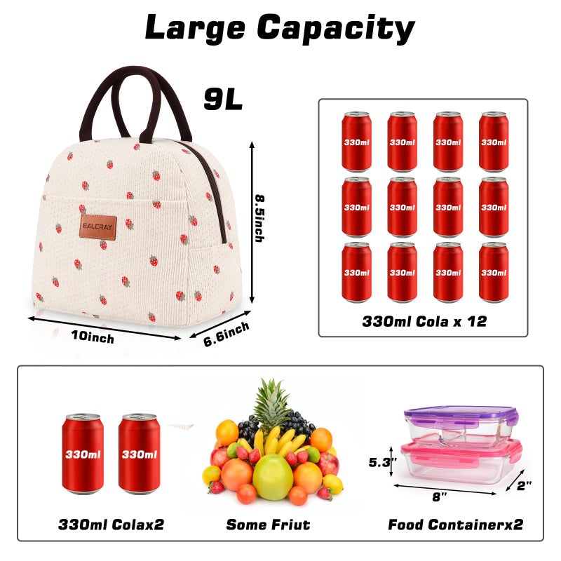 BALORAY Lunch Bag for Women Men Insulated Lunch Box for Adult Reusable Lunch Tote Bag for Work, Picnic or Travel (Corduroy Beige with Strawberry) - Image 4