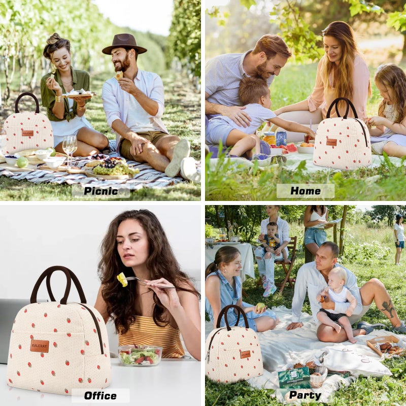 BALORAY Lunch Bag for Women Men Insulated Lunch Box for Adult Reusable Lunch Tote Bag for Work, Picnic or Travel (Corduroy Beige with Strawberry) - Image 2