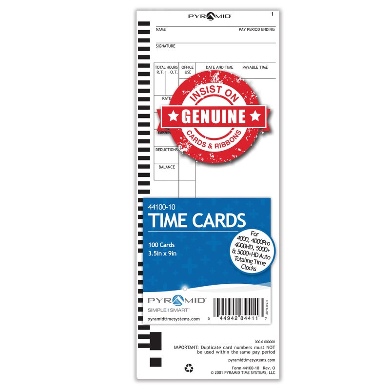 Pyramid Time Systems - Authentic Time Cards (44100-10) for Pyramid Models 4000, 4000PRO, 4000PROK, 5000HD & 5000 Auto Totaling Time Clocks, Single Sided Time Sheets (3.5 x 9 in) -100 Time Cards - Image 1
