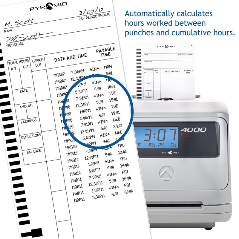 Pyramid Time Systems - Authentic Time Cards (44100-10) for Pyramid Models 4000, 4000PRO, 4000PROK, 5000HD & 5000 Auto Totaling Time Clocks, Single Sided Time Sheets (3.5 x 9 in) -100 Time Cards - Image 5