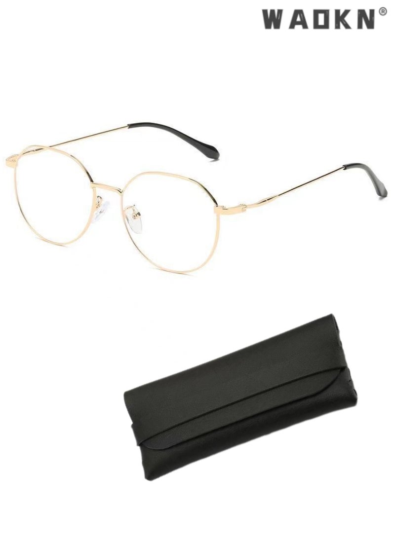 WAOKN Round Metal Blue Light Blocking EyeGlasses For Women/Men Computer Glasses, Gaming Glasses, Anti Eye strain UV Filter Lens, Light Weight Frame Glasses for Reading Gaming Computer Phone Gold  - Image 1