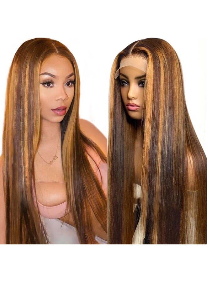 Flady Highlight Ombre Lace Front Wig Human Hair Pre Plucked Glueless HD Lace Frontal Wig 4/27 Straight Wigs Human Hair Ombre Brown Blonde Wig 150Density - Image 1