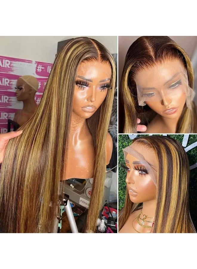 Flady Highlight Ombre Lace Front Wig Human Hair Pre Plucked Glueless HD Lace Frontal Wig 4/27 Straight Wigs Human Hair Ombre Brown Blonde Wig 150Density - Image 2