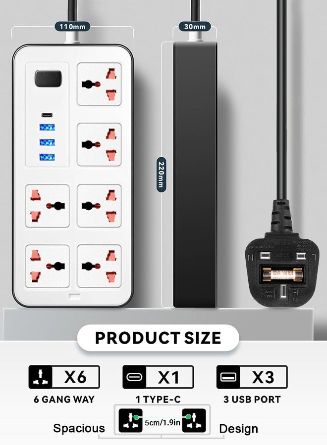 زفيزفيا حامي مقبس تمديد الطاقة بطول 6.5 قدم - 6 مآخذ واسعة مع 3 منافذ USB-A و 1 منفذ USB Type C، مقبس مسطح، تركيب جداري، محطة شحن USB للمكتب، مثالي لجميع الأجهزة الإلكترونية، لون أبيض، أبعاد 25.4x17.4x3.9 سم - Image 1