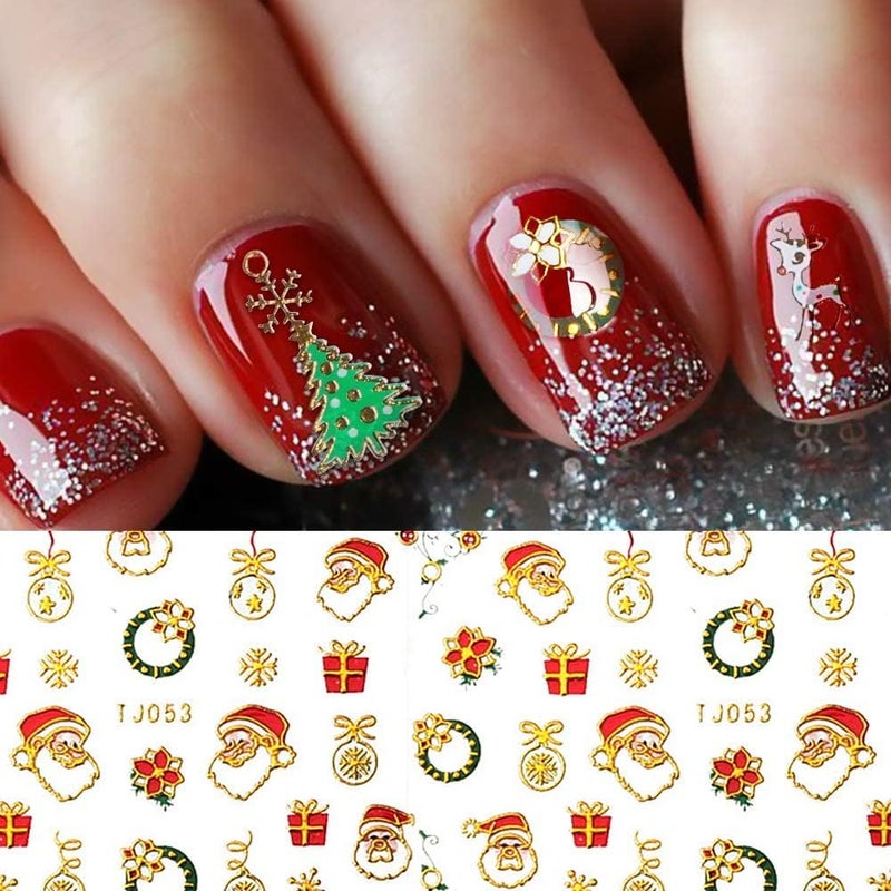 Pretty Diva Christmas Nail Stickers - 10 Packs 3D Metal Gold Xmas Design Self-Adhesive Nail Decals, Bronzing Snowflakes Snowmen Santa Xmas Tree Nail Art Stickers Tips DIY Decoration for Women Kids - Image 1