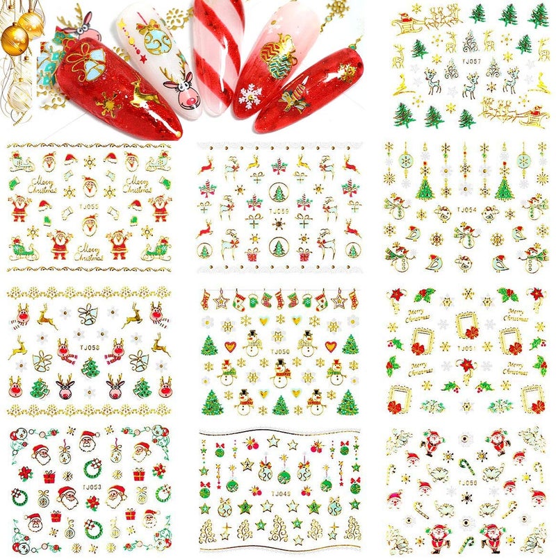 Pretty Diva Christmas Nail Stickers - 10 Packs 3D Metal Gold Xmas Design Self-Adhesive Nail Decals, Bronzing Snowflakes Snowmen Santa Xmas Tree Nail Art Stickers Tips DIY Decoration for Women Kids - Image 2