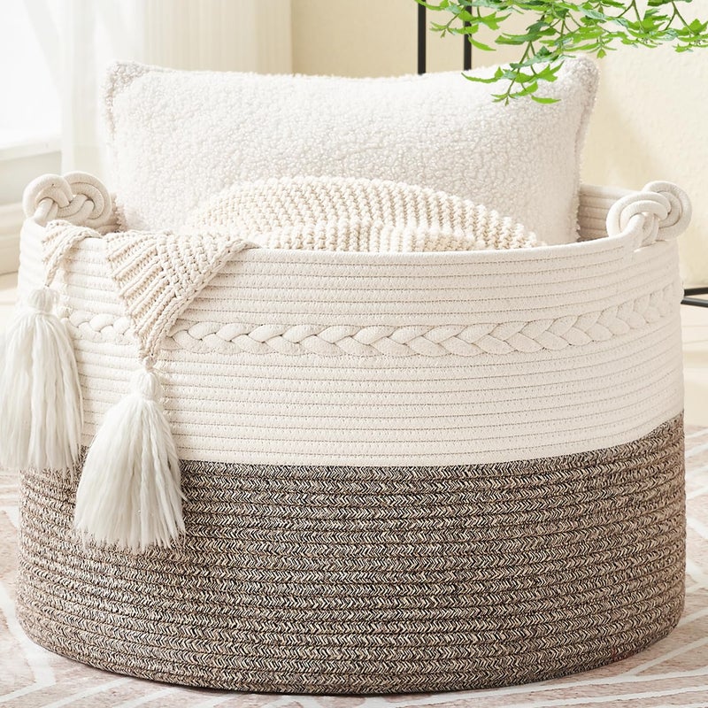KAKAMAY Large Blanket Basket (20"x13"),Woven Baskets for storage Baby Laundry Hamper, Cotton Rope Blanket Basket for Living Room, Laundry, Nursery, Pillows, Baby Toy chest (White/Beige) - Image 1
