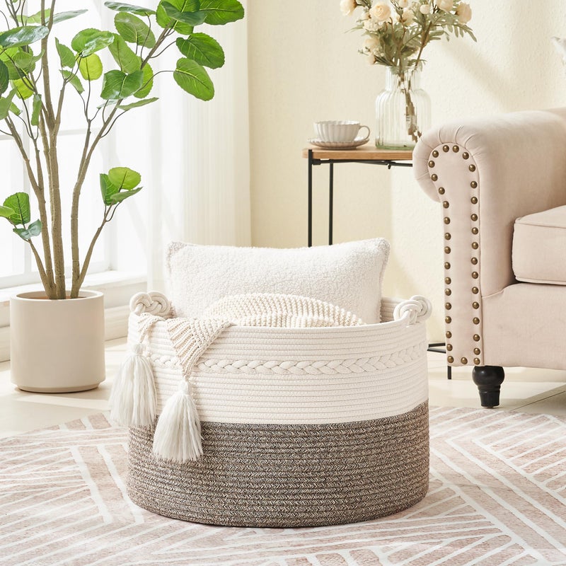 KAKAMAY Large Blanket Basket (20"x13"),Woven Baskets for storage Baby Laundry Hamper, Cotton Rope Blanket Basket for Living Room, Laundry, Nursery, Pillows, Baby Toy chest (White/Beige) - Image 3