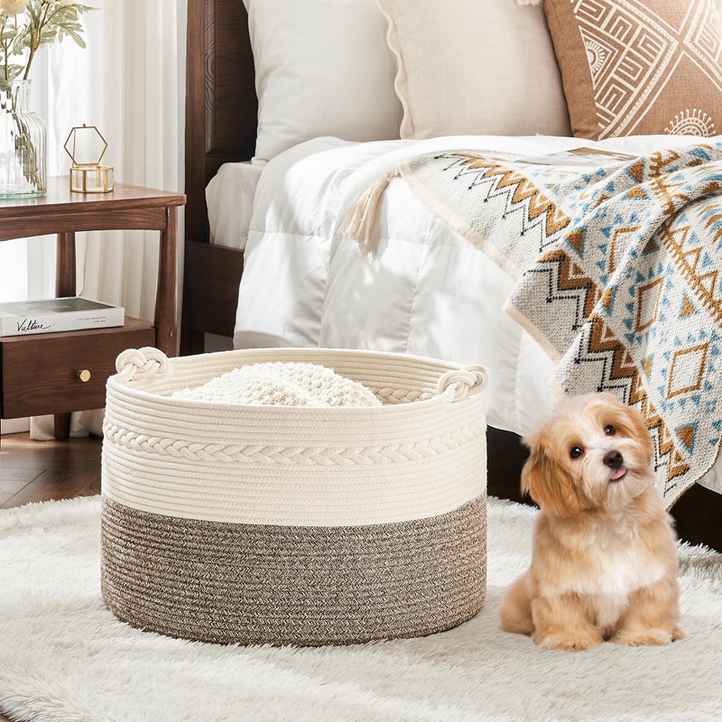 KAKAMAY Large Blanket Basket (20"x13"),Woven Baskets for storage Baby Laundry Hamper, Cotton Rope Blanket Basket for Living Room, Laundry, Nursery, Pillows, Baby Toy chest (White/Beige) - Image 5