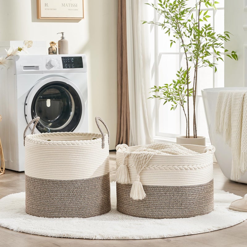 KAKAMAY Large Blanket Basket (20"x13"),Woven Baskets for storage Baby Laundry Hamper, Cotton Rope Blanket Basket for Living Room, Laundry, Nursery, Pillows, Baby Toy chest (White/Beige) - Image 4