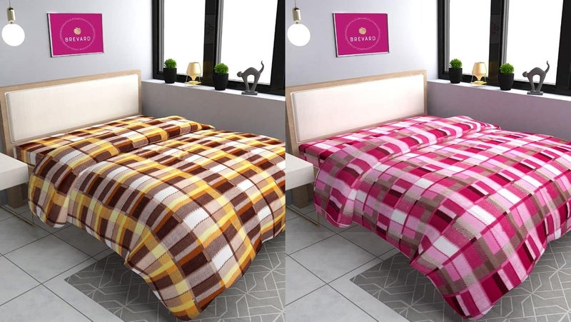 BREVARD BREVARD Single Bed Woolen Fabric Checkered Quilt CoverDuvet CoverRajai CoverBlanket Cover for Winters 60x90 InchesBrown and Pink Combo of 2 - Image 1