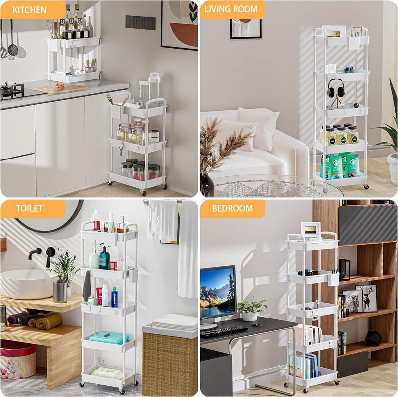 REBECAT 5 Tier Rolling Utility Cart with Handle, Utility Cart Made of Multifunctional Storage Organizer Tool for Kitchen,Bathroom,Living Room,Office(White) - Image 5