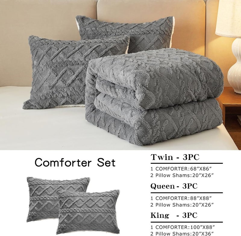 Joyreap 3-Piece Fluffy Faux Fur Sherpa Comforter Set Gray, Queen Size Luxury Tufted Bedding Comforter Set, All Season Soft n Cozy Plush Comforter Bed Set- 88x88 inches - Image 5