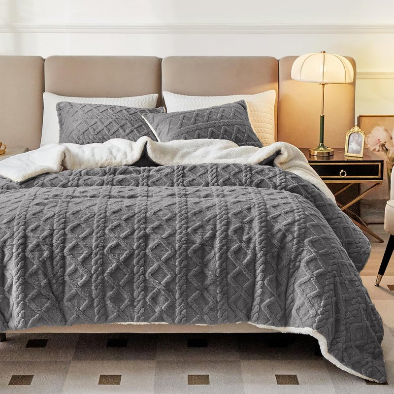 Joyreap 3-Piece Fluffy Faux Fur Sherpa Comforter Set Gray, Queen Size Luxury Tufted Bedding Comforter Set, All Season Soft n Cozy Plush Comforter Bed Set- 88x88 inches - Image 1