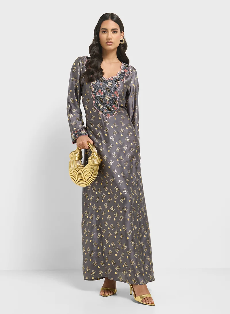 ARABIAN CLOSET Embellished Belted Jalabiya