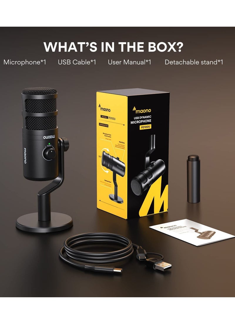 Maono - PD100U USB Dynamic Microphone, Podcast Recording Microphone with Gain Knob, Plug & Play, Metal Structure, Voice-Isolating Technology, Cardioid Studio PC Mic for Streaming, Vocal, Home Studio - Image 1