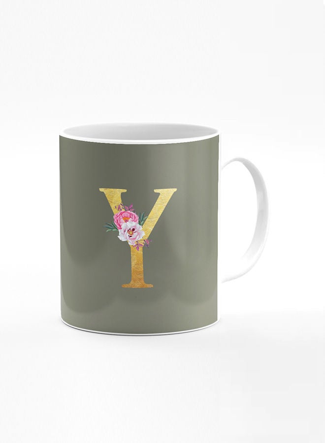 Stylizedd Designer Printed Coffee Mug 11oz Ceramic Personalised Gift Mugs Cup -Custom Monogram Initial Letter Floral Pattern Alphabet - Y (Olive Green) - Image 1