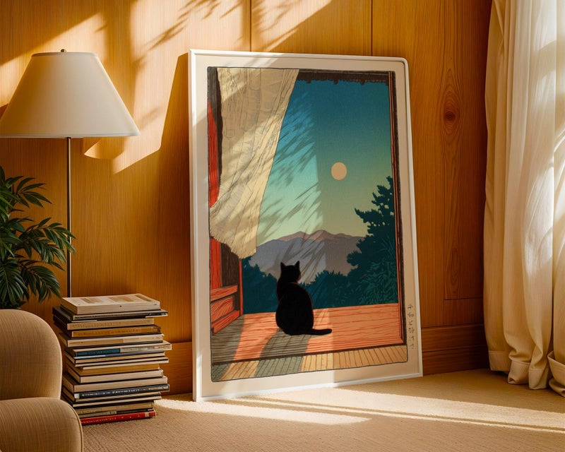 TNESSENTIAL Black Cat Japanese Print, Japanese Cat Wall Art, Moonlight Cat Poster, Japandi Home Decor, Hasui Kawase Style, Minimalist Cat Art - Image 1
