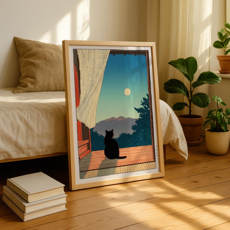 TNESSENTIAL Black Cat Japanese Print, Japanese Cat Wall Art, Moonlight Cat Poster, Japandi Home Decor, Hasui Kawase Style, Minimalist Cat Art - Image 3