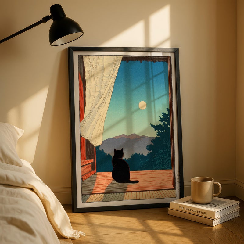 TNESSENTIAL Black Cat Japanese Print, Japanese Cat Wall Art, Moonlight Cat Poster, Japandi Home Decor, Hasui Kawase Style, Minimalist Cat Art - Image 2