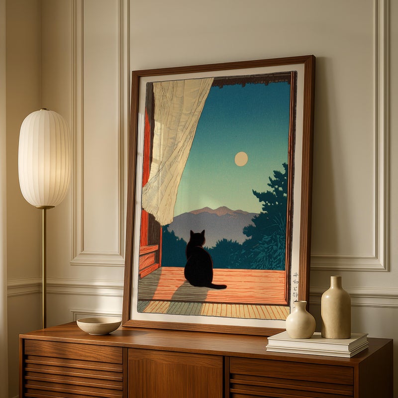TNESSENTIAL Black Cat Japanese Print, Japanese Cat Wall Art, Moonlight Cat Poster, Japandi Home Decor, Hasui Kawase Style, Minimalist Cat Art - Image 5