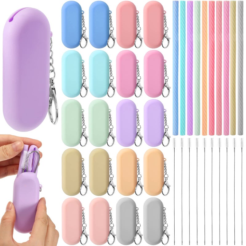 Irenare Irenare 20 Sets Silicone Straws with Case Reusable Collapsible Foldable Travel Portable Straw Cold or Hot Drinking with Carry Case Long Cleaning Brush and Keychain 10 ColorsClassic