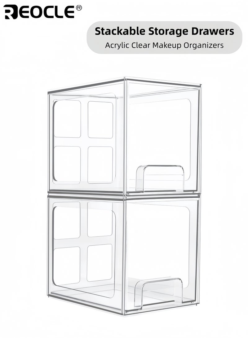ريوكل درجان تخزين قابلان للتكديس بتصميم أكريليك شفاف، وصناديق تنظيم بلاستيكية متعددة الاستخدامات مصنوعة من مادة البولي إيثيلين تيريفثالات، للاستخدام في خزانة الزينة أو المخزن.