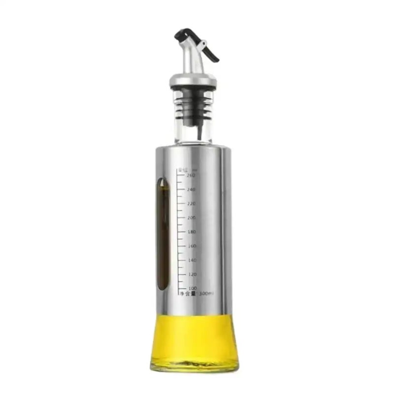 Portable Round Glass Edible Oil Dispenser With Stainless Steel Coating And Measuring Scale- Silver - Image 1