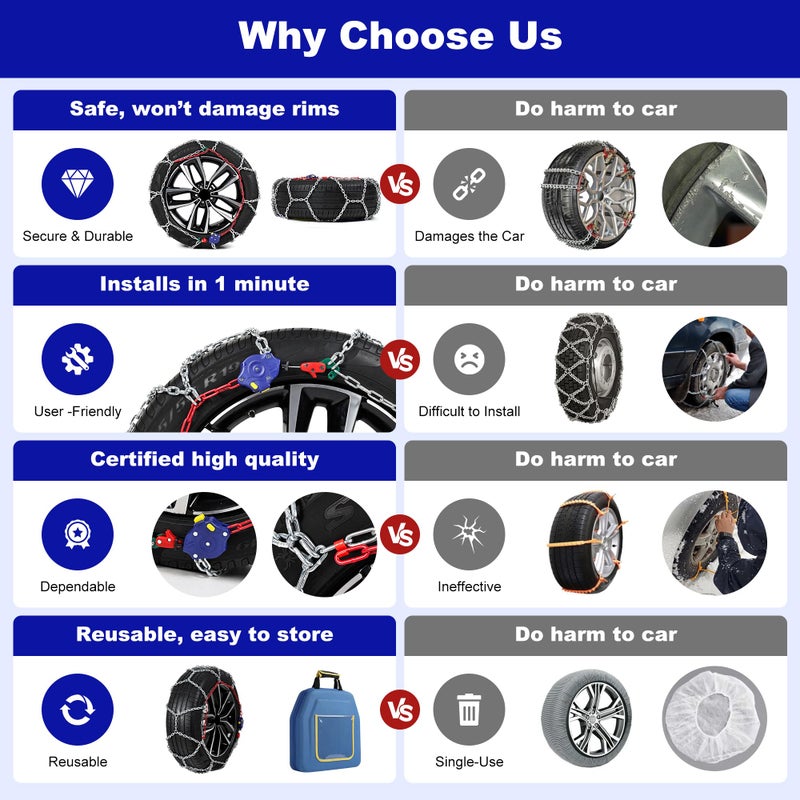 QKJCE Auto-Tightening Snow Chains, 1-Minute Quick Install Tire Chains for Cars/SUVs/Trucks, 4.5MM Heavy-Duty Emergency Traction, Set of 2 - Image 3