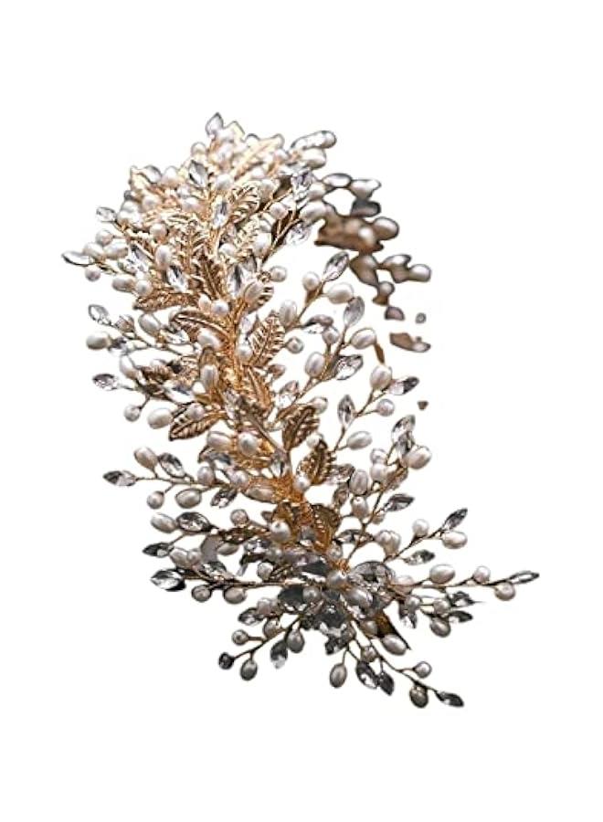 Generic Rhinestone Imitation Pearl Leaf Headpiece,Gold Wedding Headband, Bridal Hair Hoop for Women Girl  - Image 1