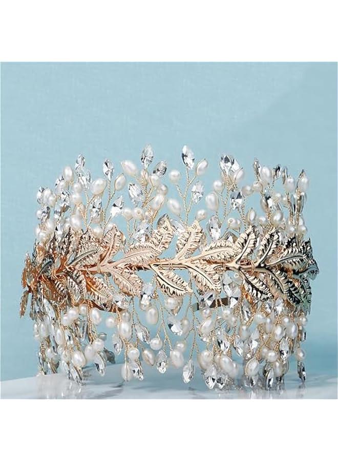 Generic Rhinestone Imitation Pearl Leaf Headpiece,Gold Wedding Headband, Bridal Hair Hoop for Women Girl  - Image 2