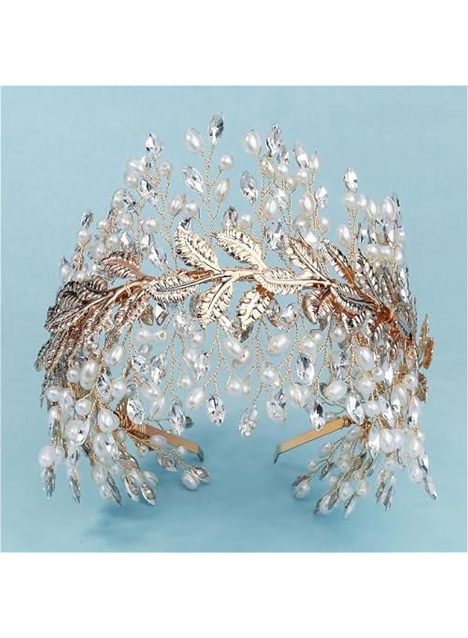 Generic Rhinestone Imitation Pearl Leaf Headpiece,Gold Wedding Headband, Bridal Hair Hoop for Women Girl  - Image 3