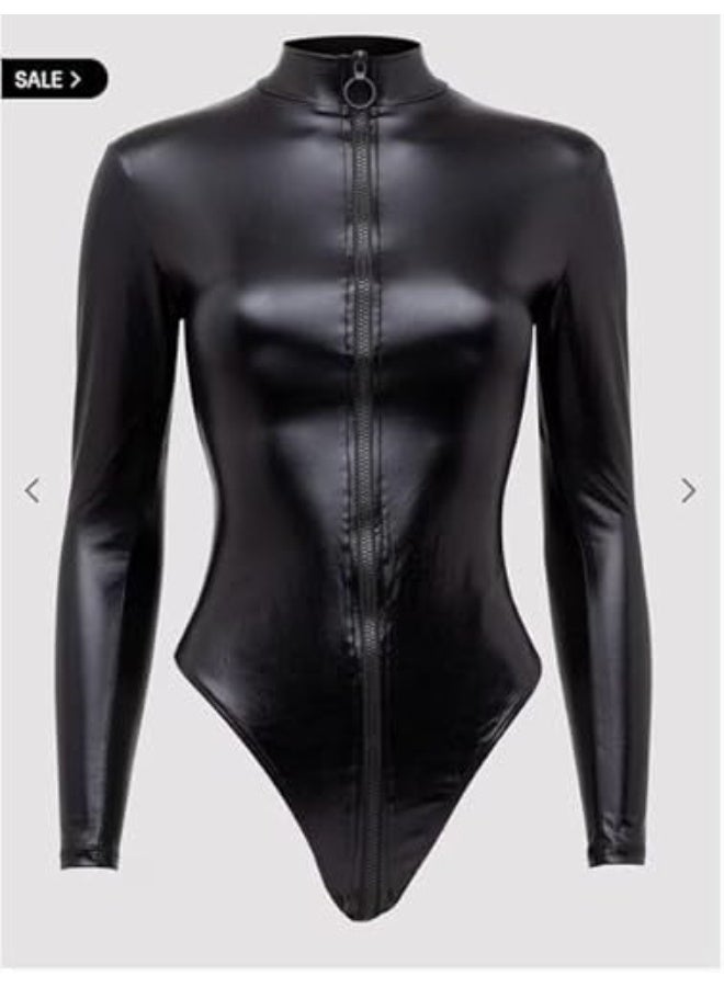 Hanady Black leather jumpsuit with front and back zippers – One size fits up to 80 kg – HN 7177 - Image 3