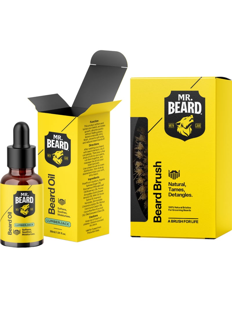 Mr.Beard Smooth & Shine Beard Bundle (Beard Oil Lumberjack + Brush)