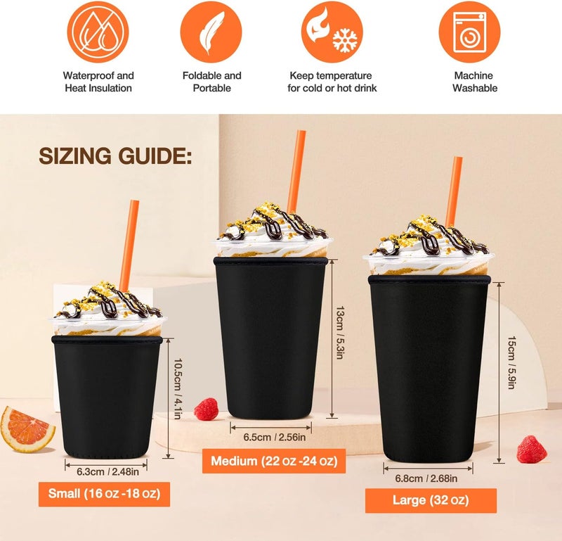 كي بي اكس Iced Coffee Cup Sleeve for Large Sized Cups, Reusable Neoprene Iced Coffee Cup Holder for Hot Cold Drinks, Compatible with Starbucks, Dunkin Donuts, and More (3 PK Sm-Med-Lg, Black) - Image 2