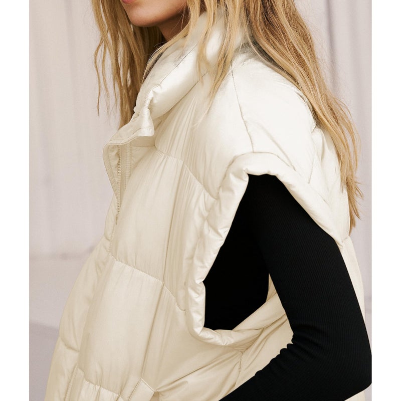 Songling Womens Oversized Puffer Vest Stand Collar Full Zip Sleeveless Bubble Puffer Vest Quilted Padded Warm Coat Outwear (Beige,M) - Image 2
