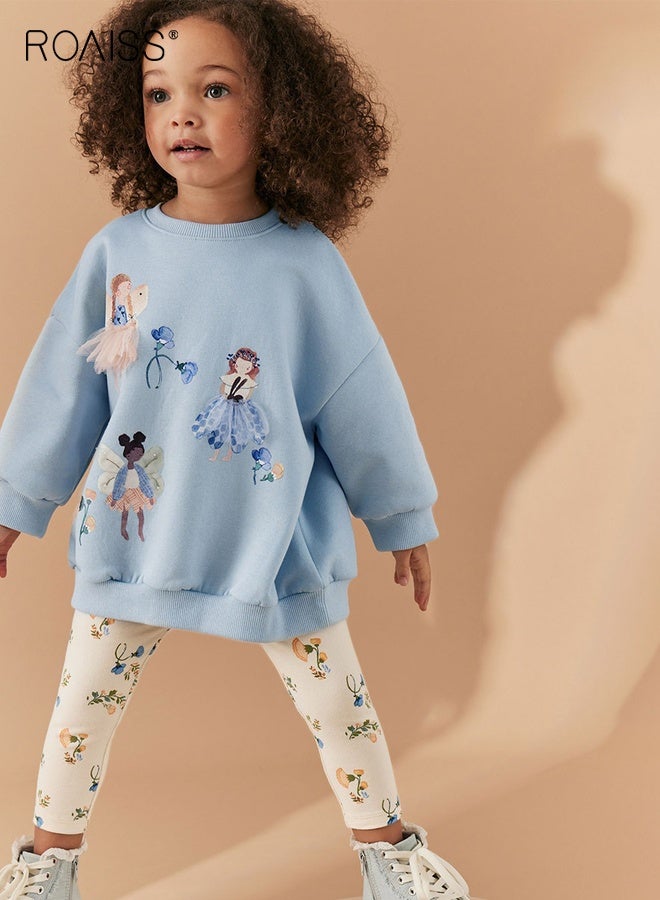 رويس 2 قطعة من ملابس الخريف والربيع للفتيات، طقم أنيق من قميص من النوع الثقيل وسروال للأطفال الصغار، طقم من قميص طويل الأكمام برقبة مستديرة وسروال ضيق مزين بالزهور، مناسب للارتداء اليومي أو أي مناسبة - Image 2