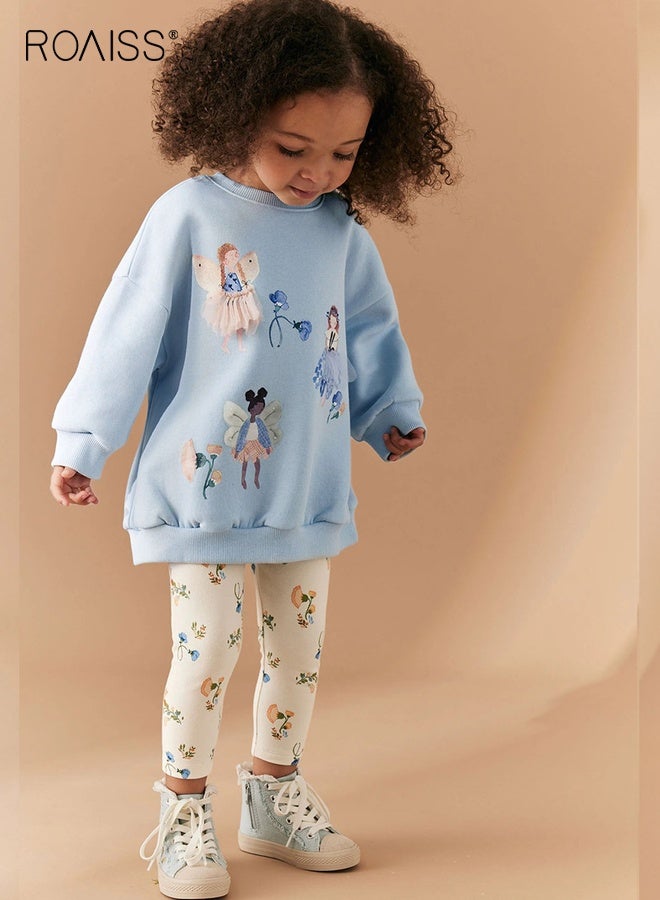 رويس 2 قطعة من ملابس الخريف والربيع للفتيات، طقم أنيق من قميص من النوع الثقيل وسروال للأطفال الصغار، طقم من قميص طويل الأكمام برقبة مستديرة وسروال ضيق مزين بالزهور، مناسب للارتداء اليومي أو أي مناسبة - Image 1