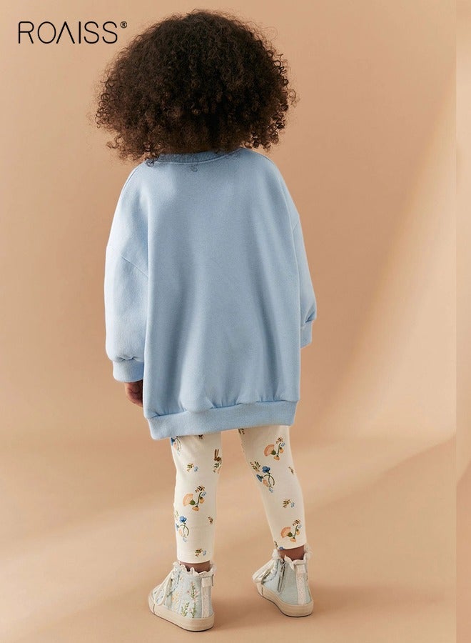 رويس 2 قطعة من ملابس الخريف والربيع للفتيات، طقم أنيق من قميص من النوع الثقيل وسروال للأطفال الصغار، طقم من قميص طويل الأكمام برقبة مستديرة وسروال ضيق مزين بالزهور، مناسب للارتداء اليومي أو أي مناسبة - Image 3