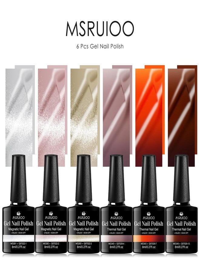 MSRUIOO 6 Colors Gel Nail Polish Kit Winter Nude Brown Grey Pink Red Color Changing Gel Polish Set Cat Eye Thermal Gel Nail Polish Soak Off Gel Nail Kit Manicure DIY Nail Art Salon Home Gift - Image 5